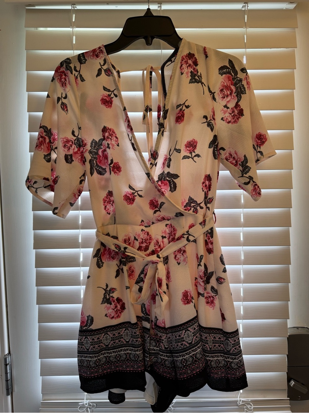 Three Hearts Cream Romper with Pink Rose Print